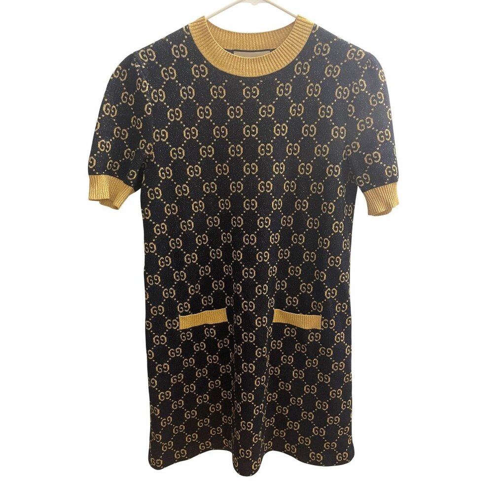 Gucci Womens Black & Gold GG Monogram Knit Short-Sleeve Dress With Pocket Detail